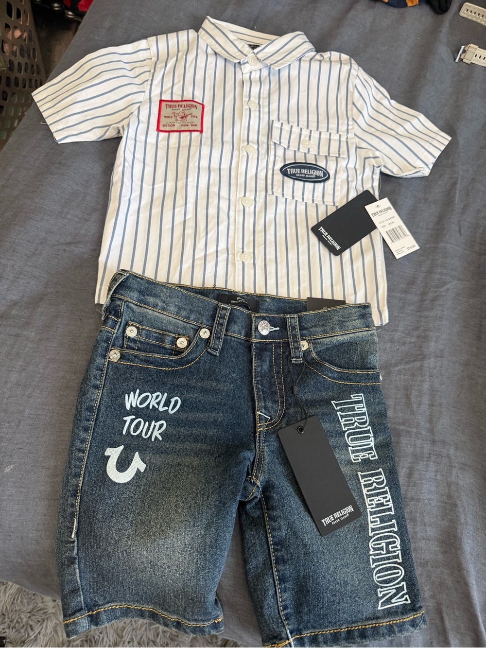 True Religion Boys Blue Stripe Button Shirt with Dark Denim Logo Shorts Sz 5/6